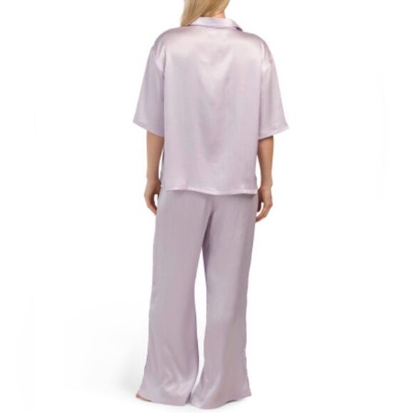 Jason Wu L & XL Lavender Button Front Short Sleeve Top Pants Crinkle Satin PJ - Picture 2 of 16